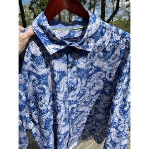 Society of Threads Blue Abstract Paisley Dress Shirt Mens Size XL Slim Fit